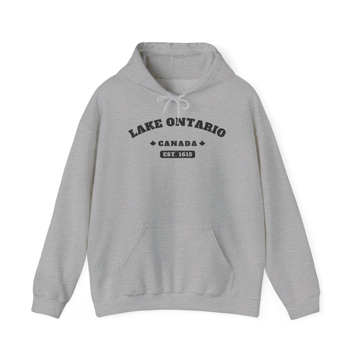 Light grey hooded sweatshirt with "Lake Ontario Canada Est. 1615" text design.