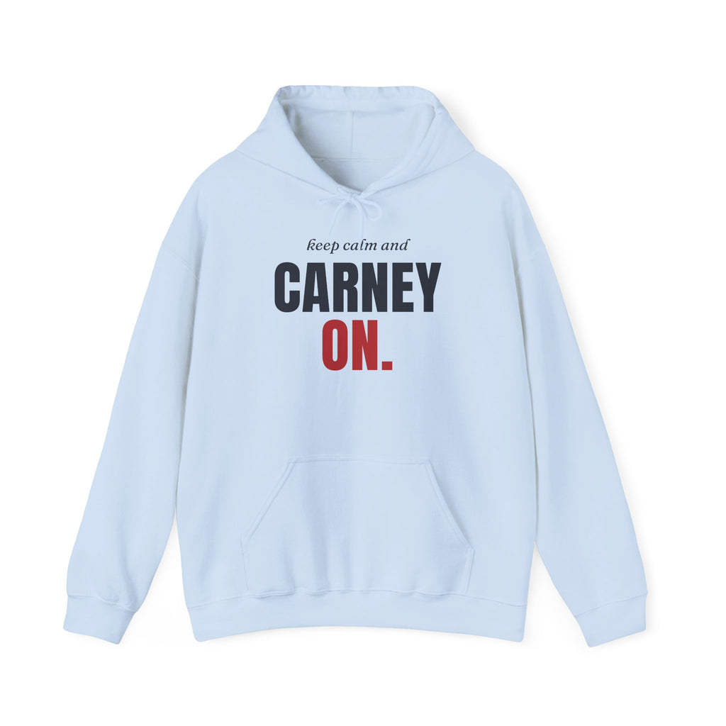 Light blue hoodie with "keep calm and CARNEY ON." text.