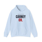 Light blue hoodie with "keep calm and CARNEY ON." text.
