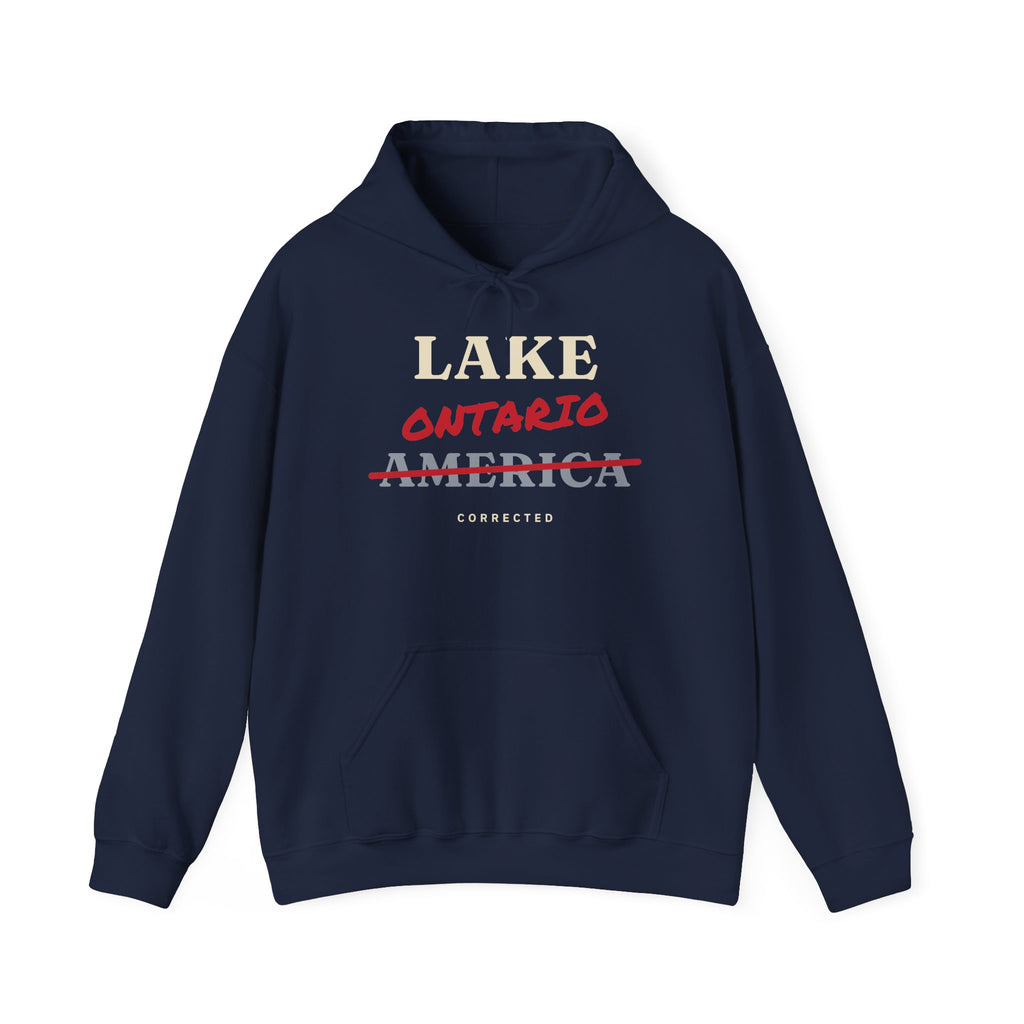 Navy hoodie with "LAKE ONTARIO AMERICA CORRECTED" text design.