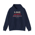 Navy hoodie with "LAKE ONTARIO AMERICA CORRECTED" text design.