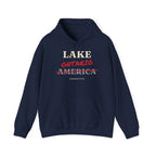 Navy hoodie with "LAKE ONTARIO AMERICA CORRECTED" text design.