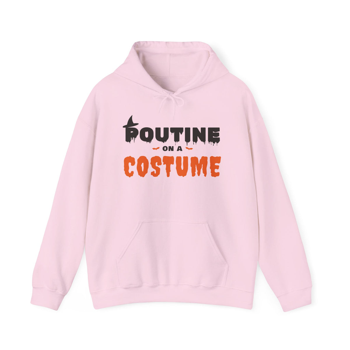 Pink hoodie with "Poutine on a Costume" text and Halloween-themed graphics.
