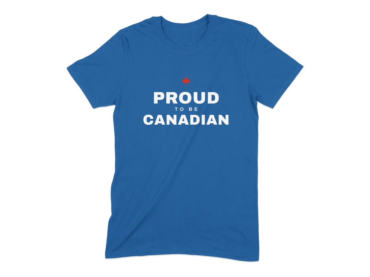 Blue t-shirt with red maple leaf and text "PROUD TO BE CANADIAN".