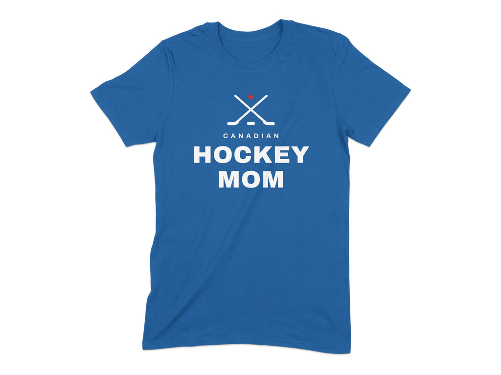 Blue t-shirt with "Canadian Hockey Mom" text and crossed hockey sticks graphic.