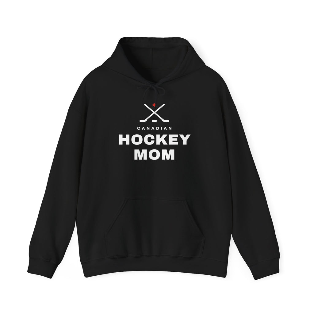 Black hoodie with "CANADIAN HOCKEY MOM" text and crossed hockey sticks graphic.