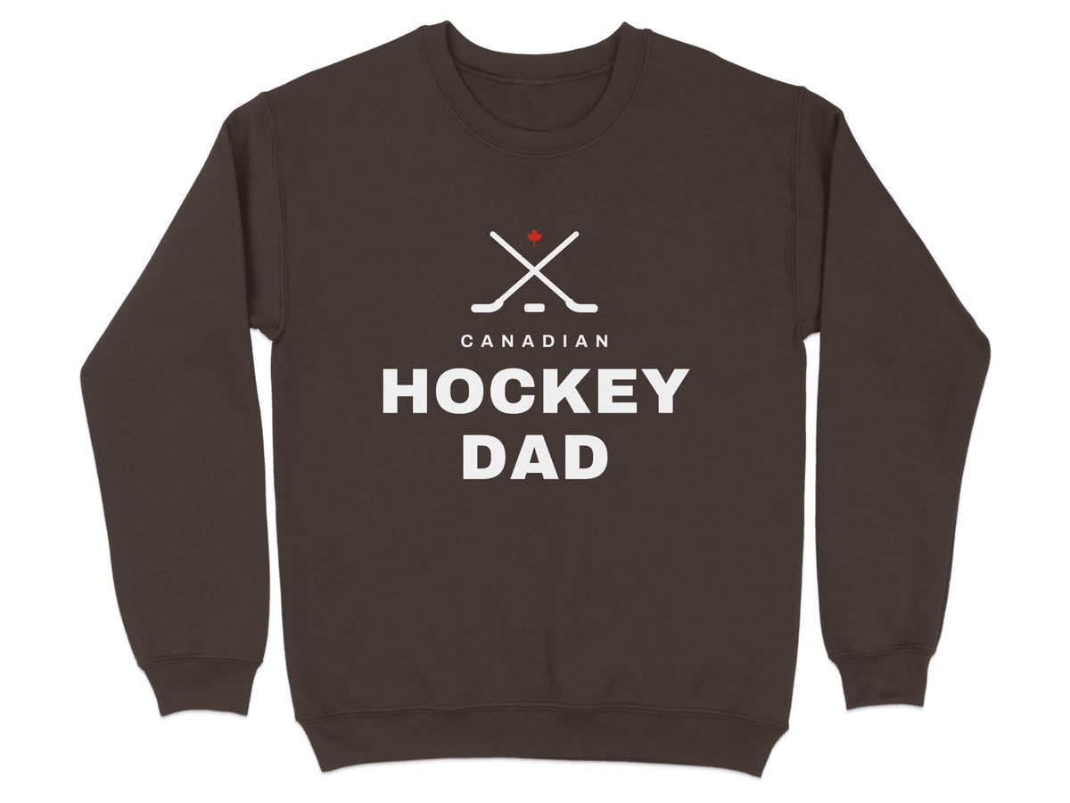 Brown sweatshirt with white text: "CANADIAN HOCKEY DAD" and hockey sticks with a maple leaf.