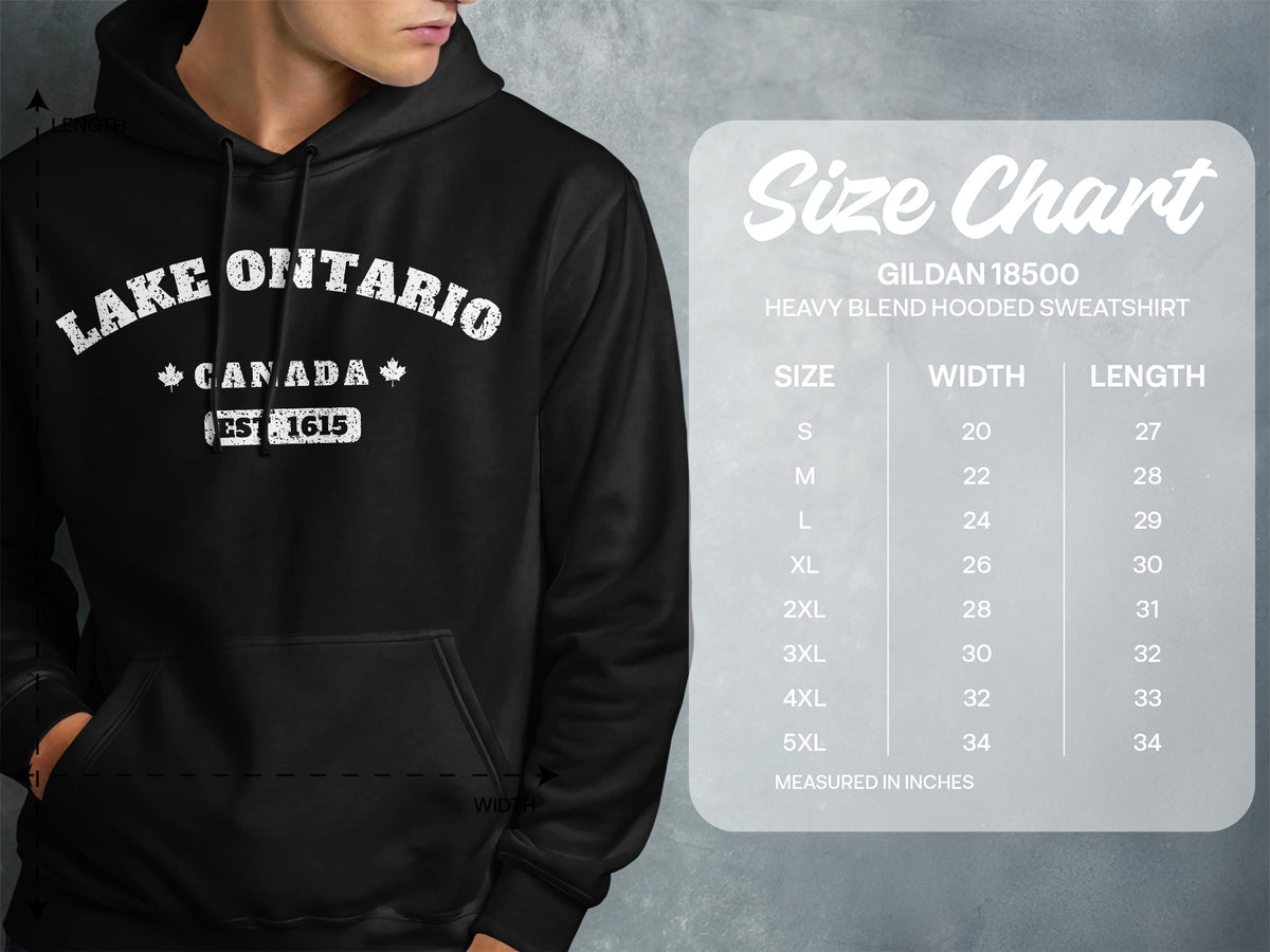 Black hooded sweatshirt with "Lake Ontario Canada Est. 1615" graphic and size chart.