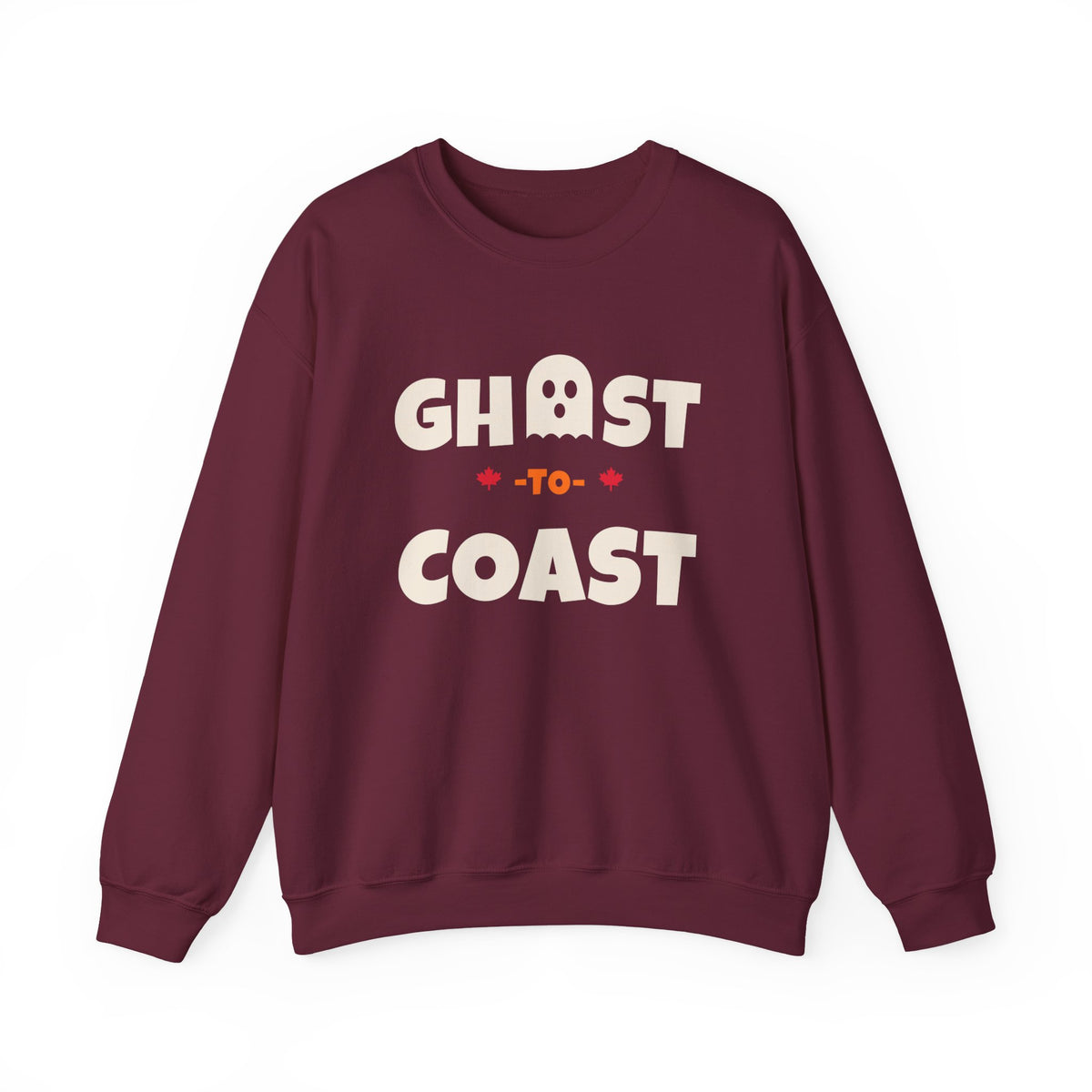 Maroon sweatshirt with white "Ghost to Coast" text and a ghost graphic.