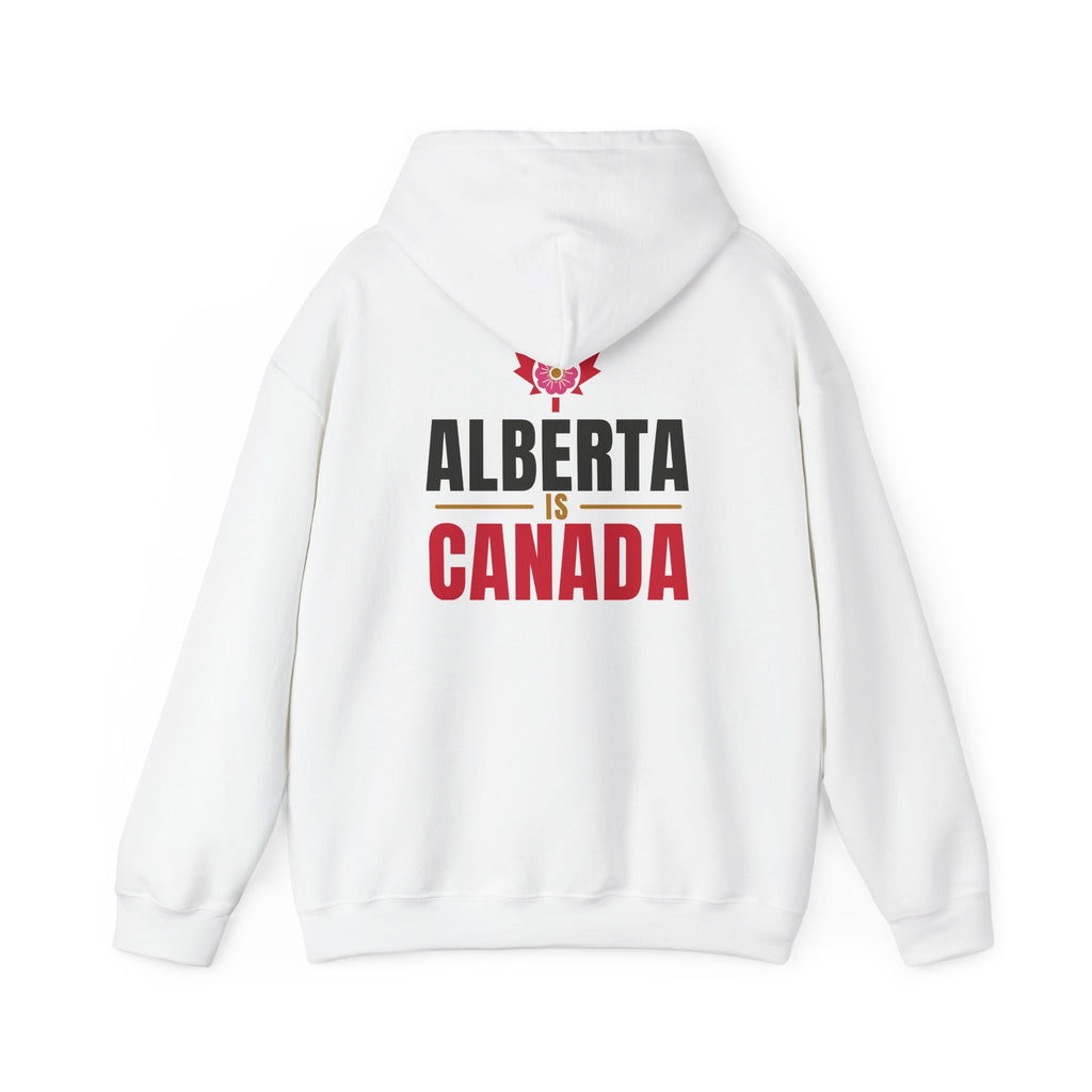White hoodie with "Alberta is Canada" text and a floral emblem.