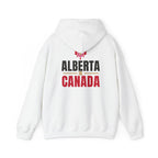 White hoodie with "Alberta is Canada" text and a floral emblem.