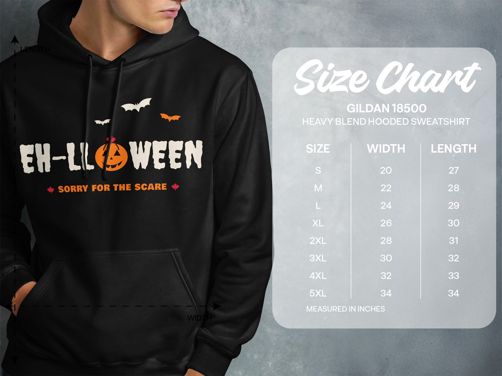 Black hoodie with "Eh-Loween" and pumpkin graphic, plus size chart.