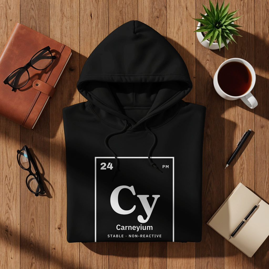 Black hoodie with "24 Cy Carneyium Stable Non-Reactive" text in white.