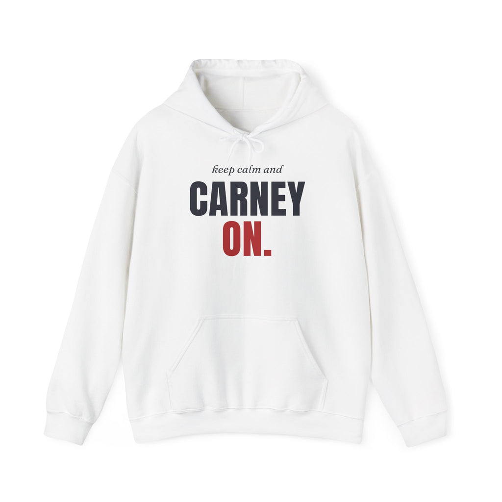 White hoodie with "keep calm and CARNEY ON." text in black and red.