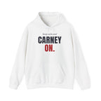 White hoodie with "keep calm and CARNEY ON." text in black and red.
