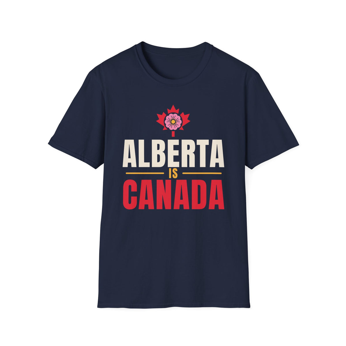 Navy t-shirt with "ALBERTA IS CANADA" text and Alberta rose.
