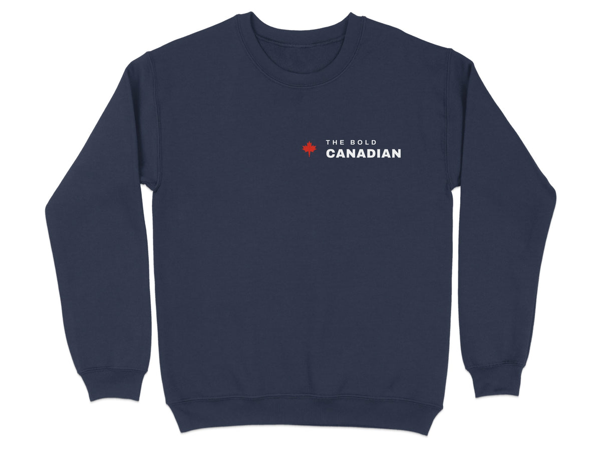 Navy crewneck sweatshirt with a red maple leaf and "The Bold Canadian" text.
