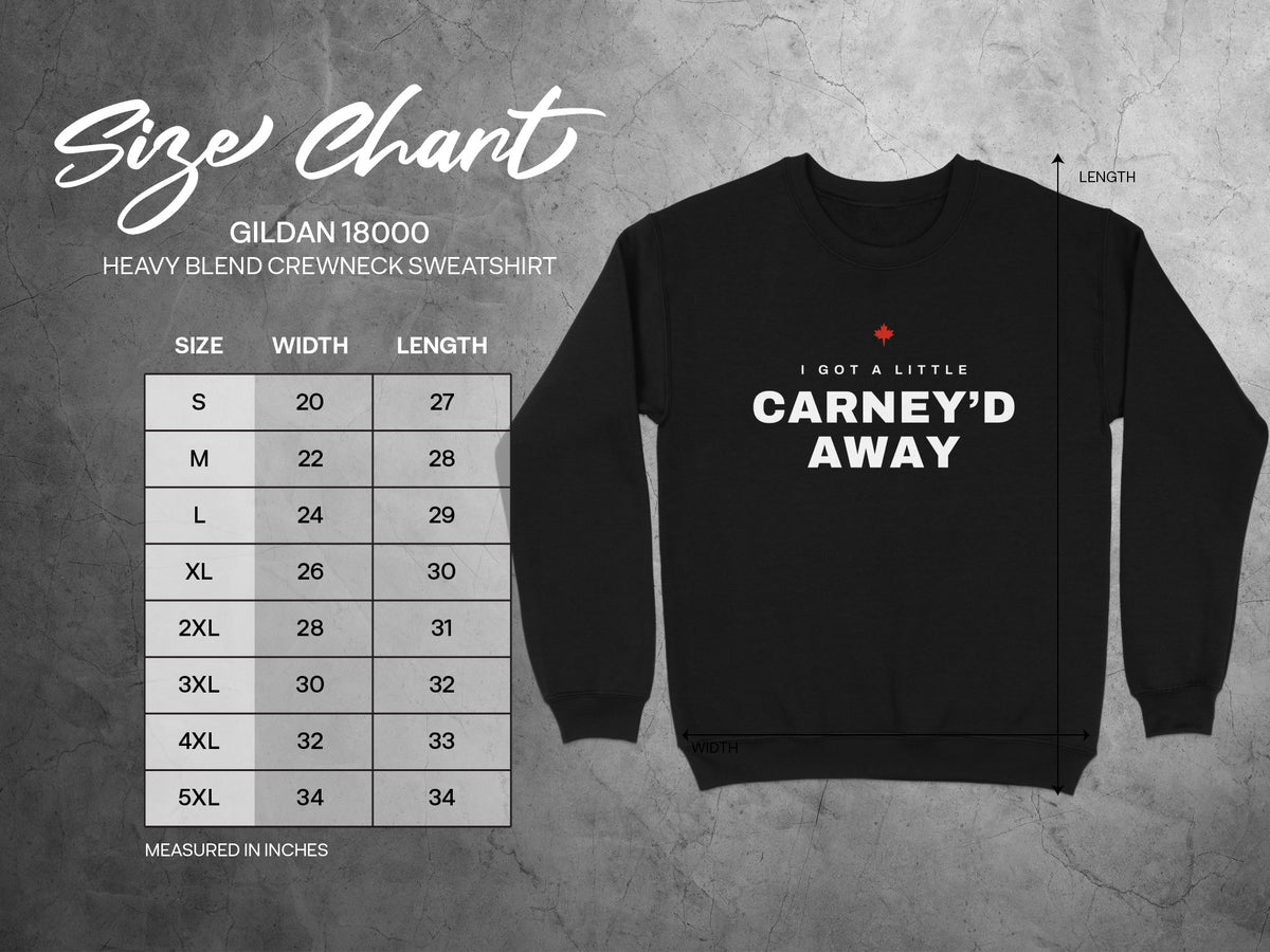 Gildan 18000 size chart with width and length measurements for black sweatshirt.