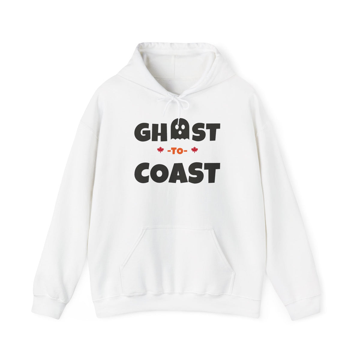 White hoodie with "GHOST-TO-COAST" text and ghost graphic.