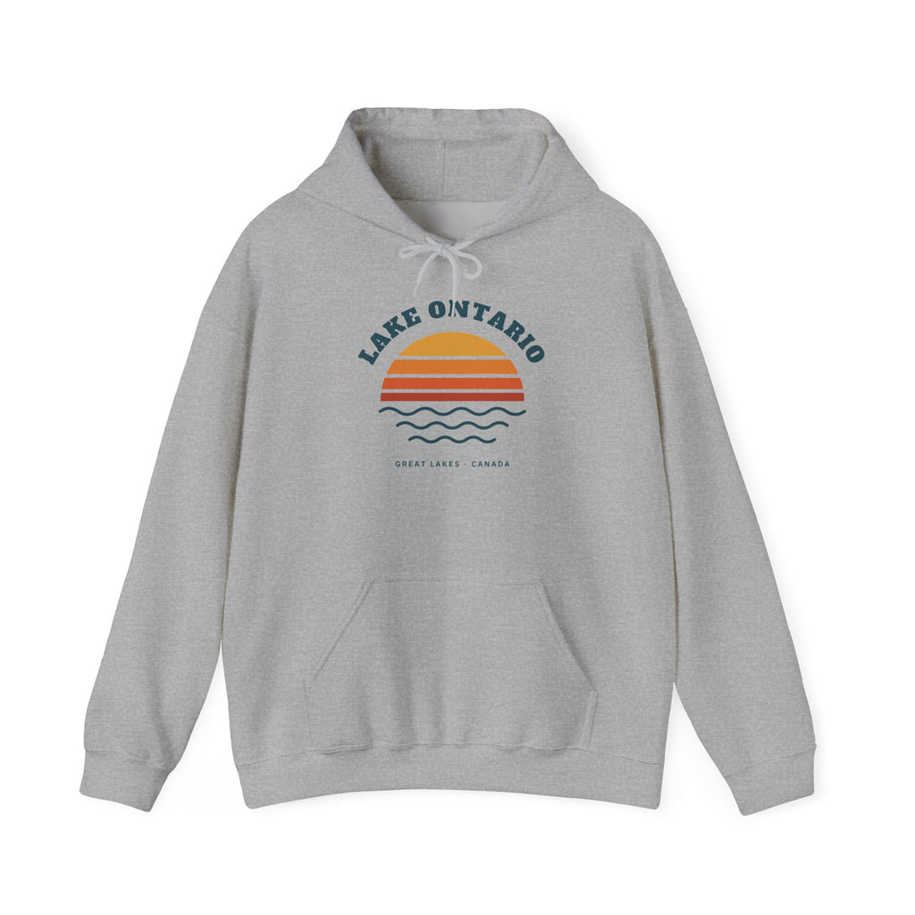 Grey hoodie with Lake Ontario, Great Lakes, Canada graphic.