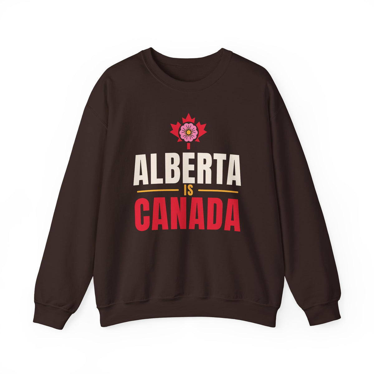 Brown sweatshirt with "Alberta is Canada" text and Alberta rose graphic.