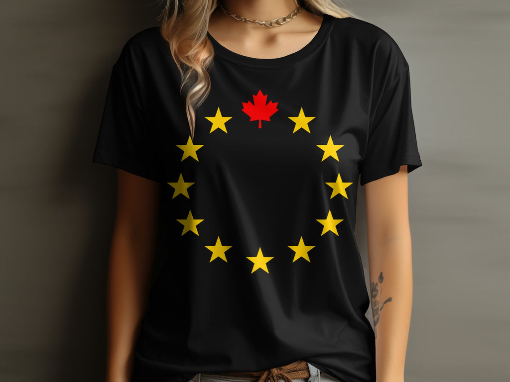 Black t-shirt with yellow stars in a circle and a red maple leaf.