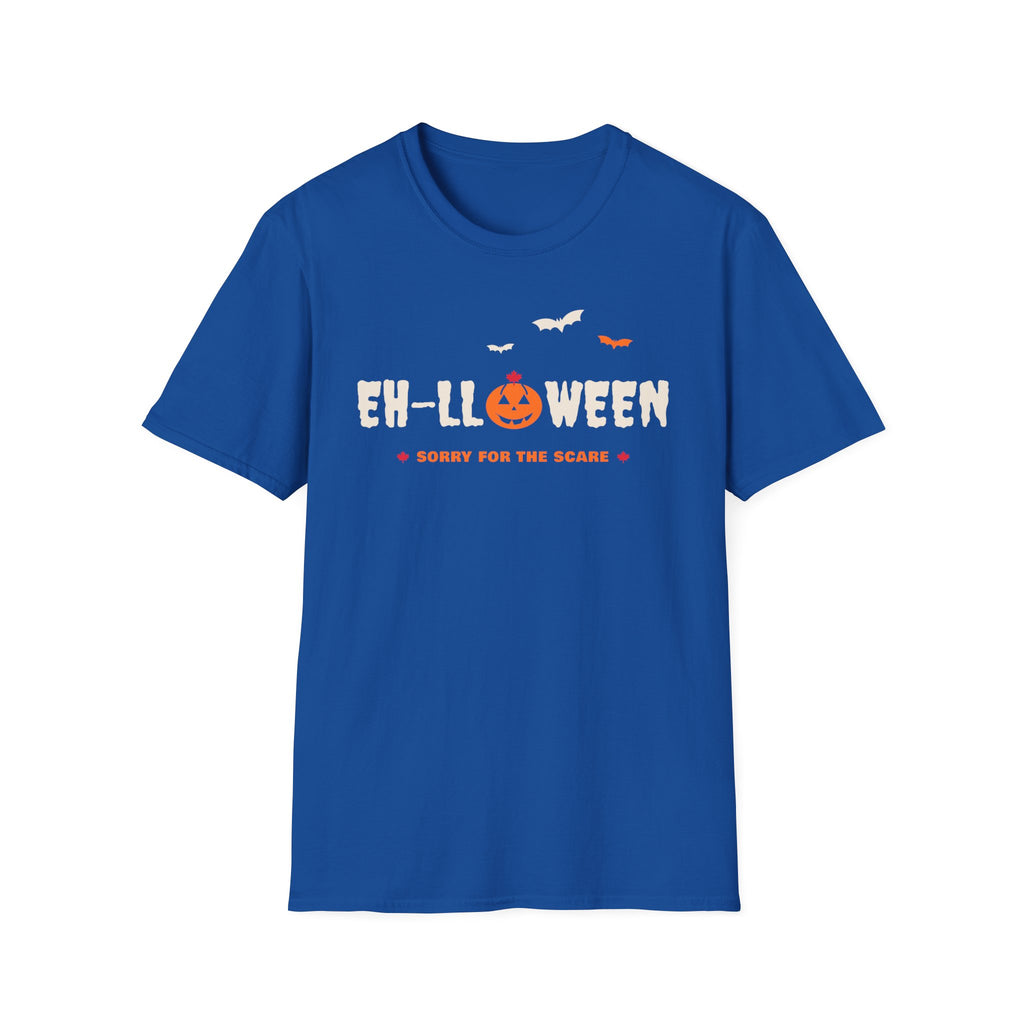 Blue t-shirt with "EH-LLLOWEEN" and a pumpkin, plus "SORRY FOR THE SCARE".