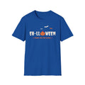 Blue t-shirt with "EH-LLLOWEEN" and a pumpkin, plus "SORRY FOR THE SCARE".