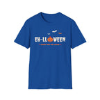 Blue t-shirt with "EH-LLLOWEEN" and a pumpkin, plus "SORRY FOR THE SCARE".