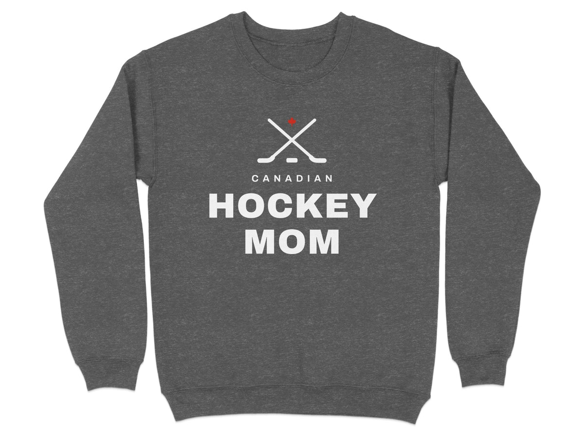 Dark grey sweatshirt with white "Canadian Hockey Mom" text and crossed hockey sticks graphic.