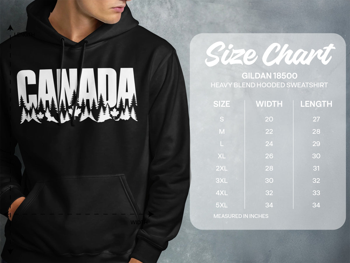 Gildan 18500 heavy blend hooded sweatshirt size chart with width and length measurements.