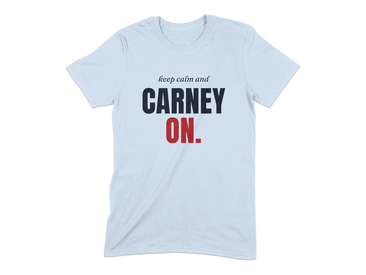 Light blue t-shirt with "keep calm and CARNEY ON." text.