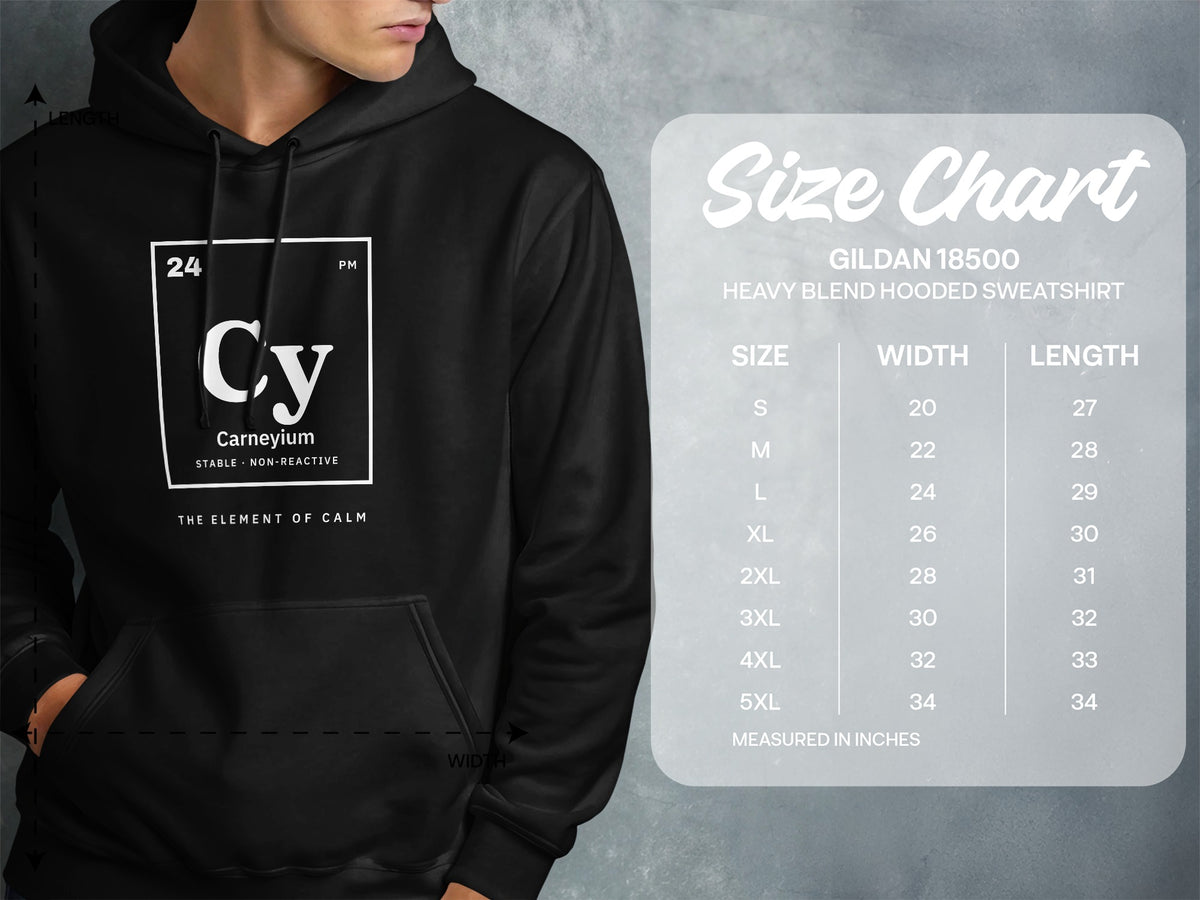 Black hooded sweatshirt with a periodic table element design and size chart.