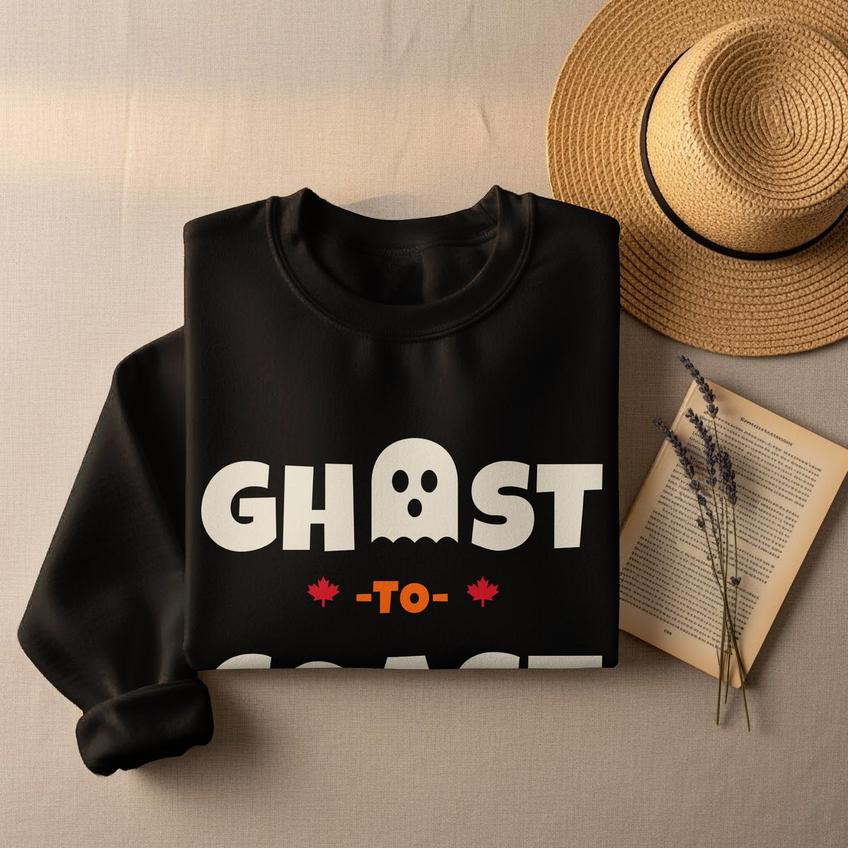 Black sweatshirt with "GHOST -TO-" text and a ghost graphic.