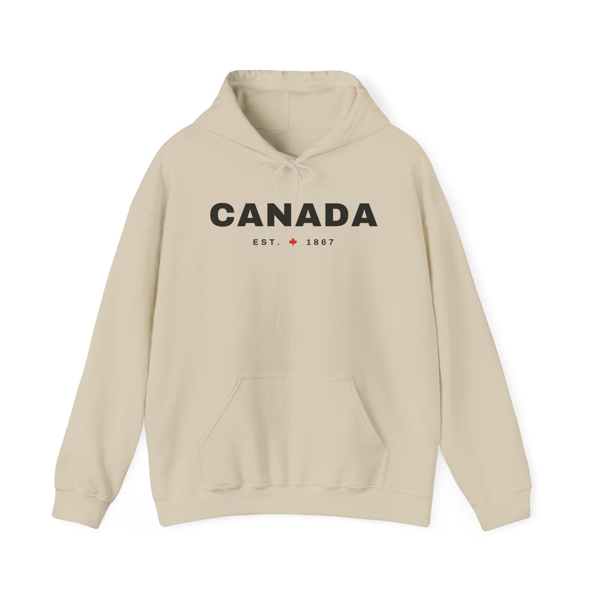 Beige hoodie with "CANADA EST. 1867" and a maple leaf.
