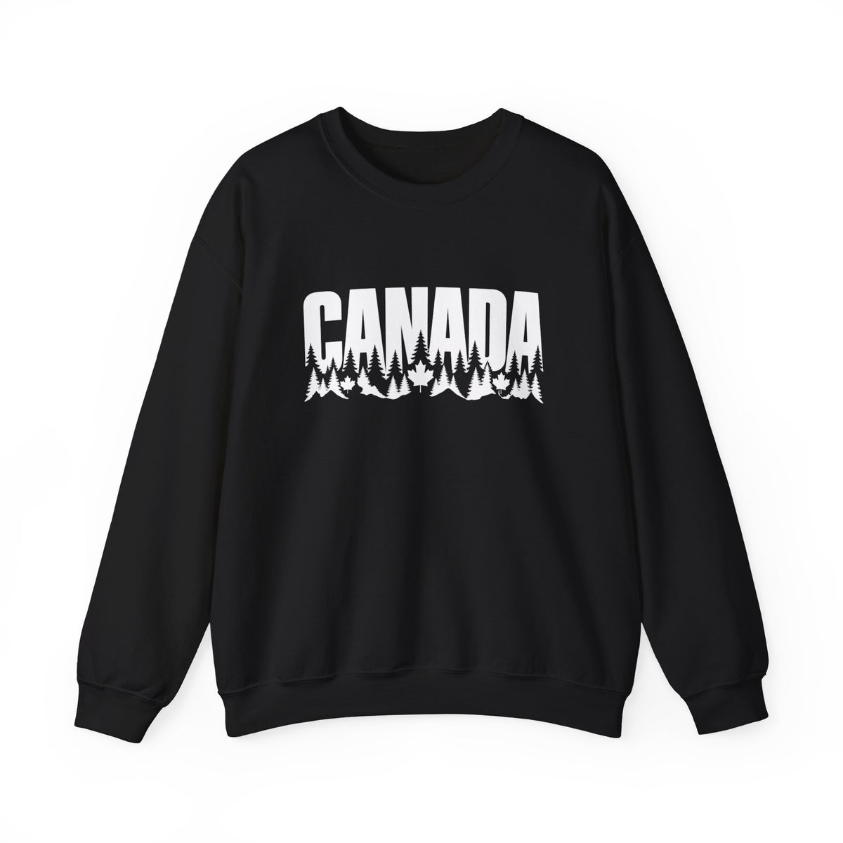 Black sweatshirt with white text "CANADA" over pine trees and maple leaves.
