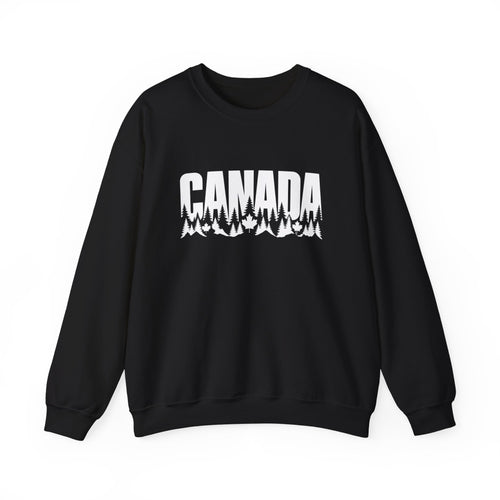 Black sweatshirt with white text "CANADA" over pine trees and maple leaves.
