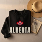 Black sweatshirt with "ALBERTA" text and Canadian maple leaf graphic.