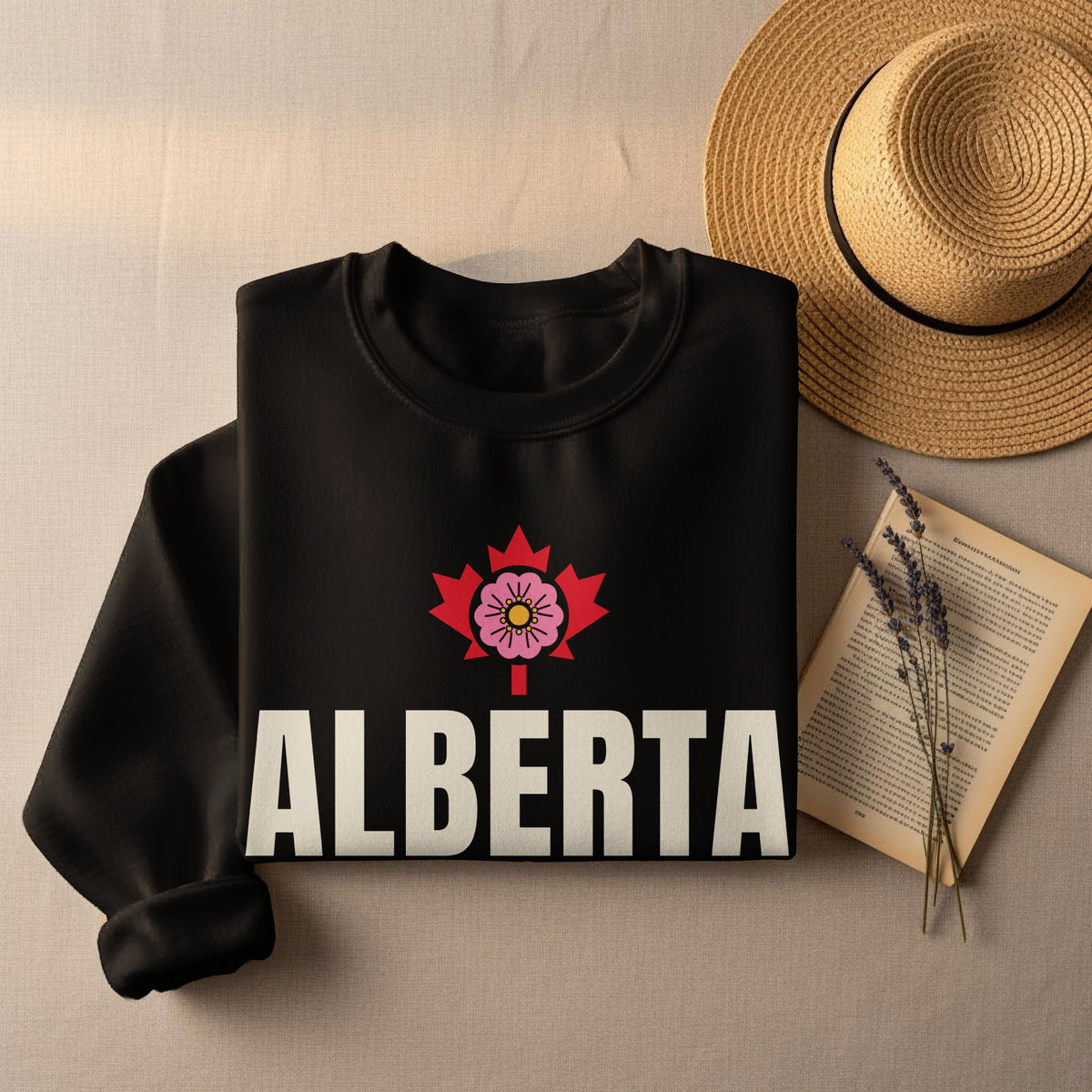 Black sweatshirt with "ALBERTA" text and Canadian maple leaf graphic.