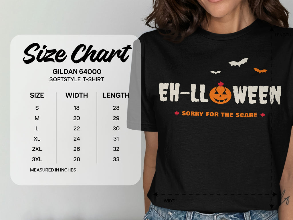 Size chart for Gildan 64000 Softstyle T-Shirt, measured in inches.