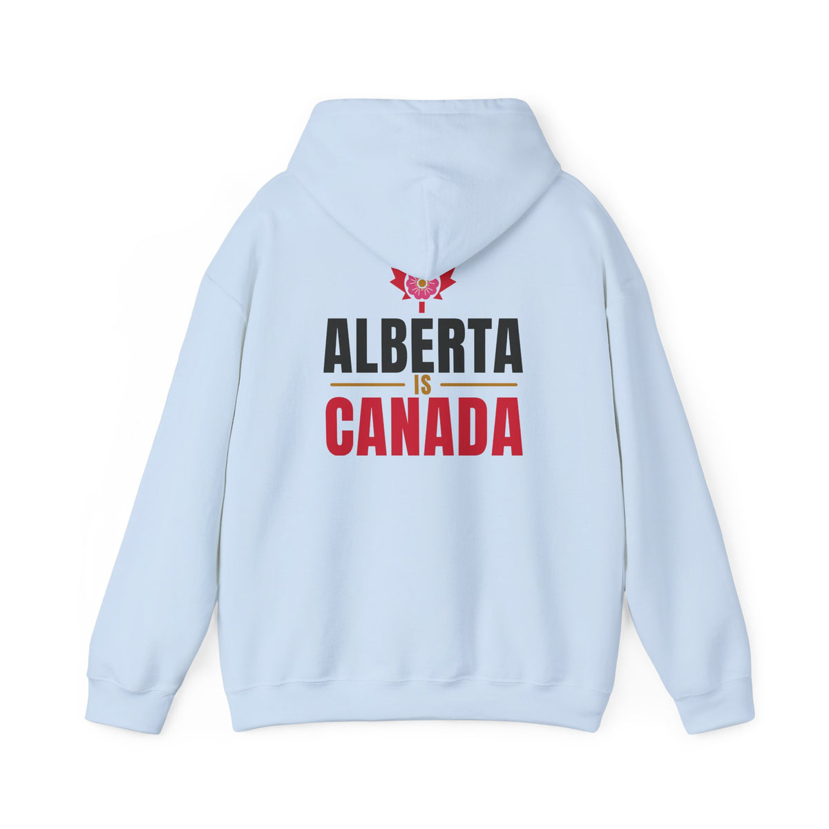 Light blue hoodie with "Alberta is Canada" text and a floral emblem.