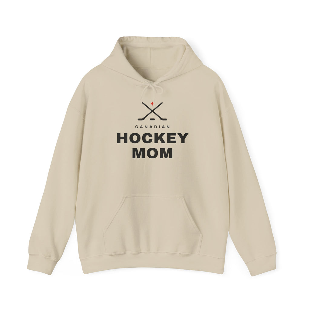 Cream hoodie with black text and crossed hockey sticks with a Canadian flag accent.