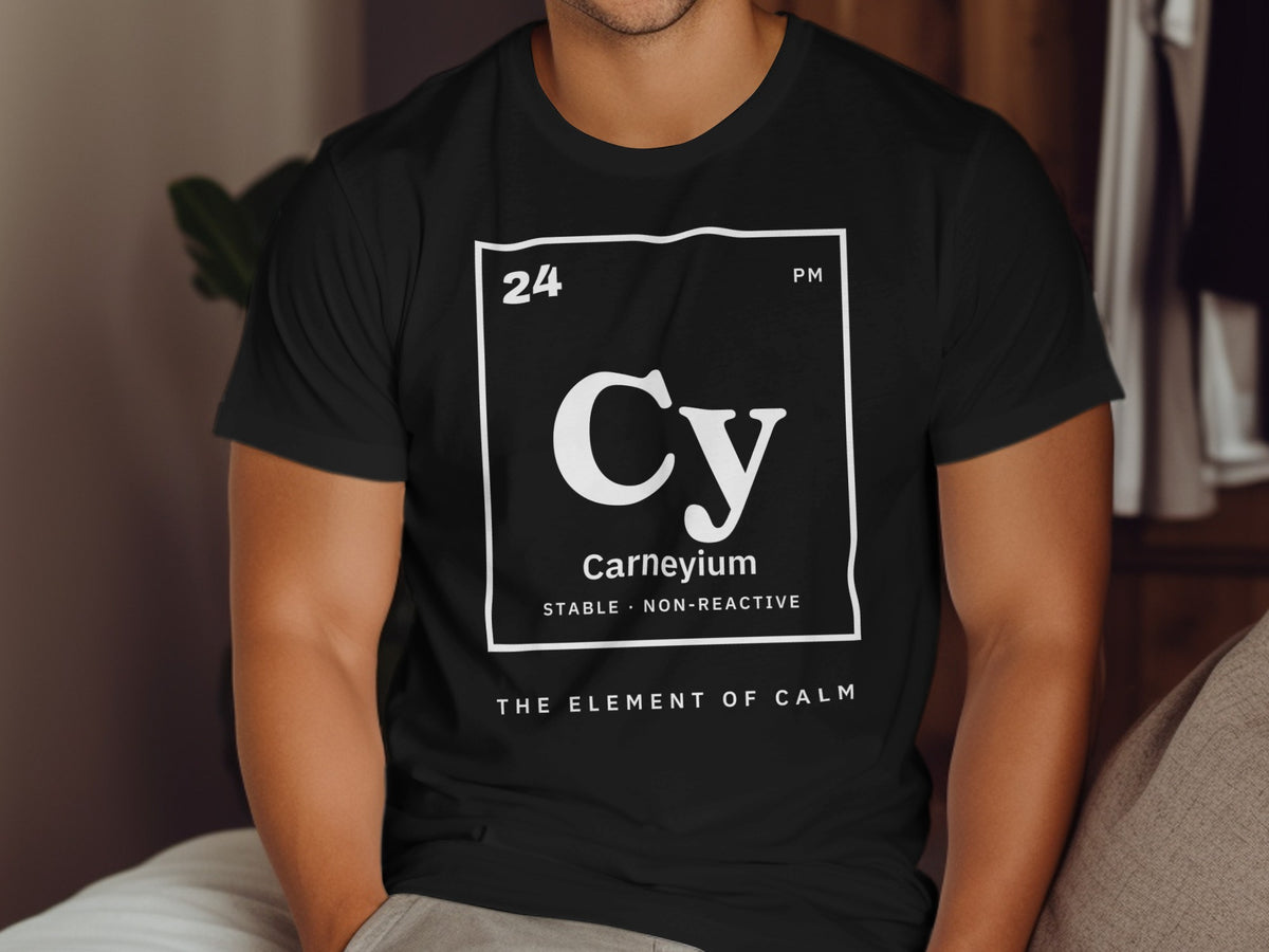 Black t-shirt with "Carneyium" text and periodic table elements.