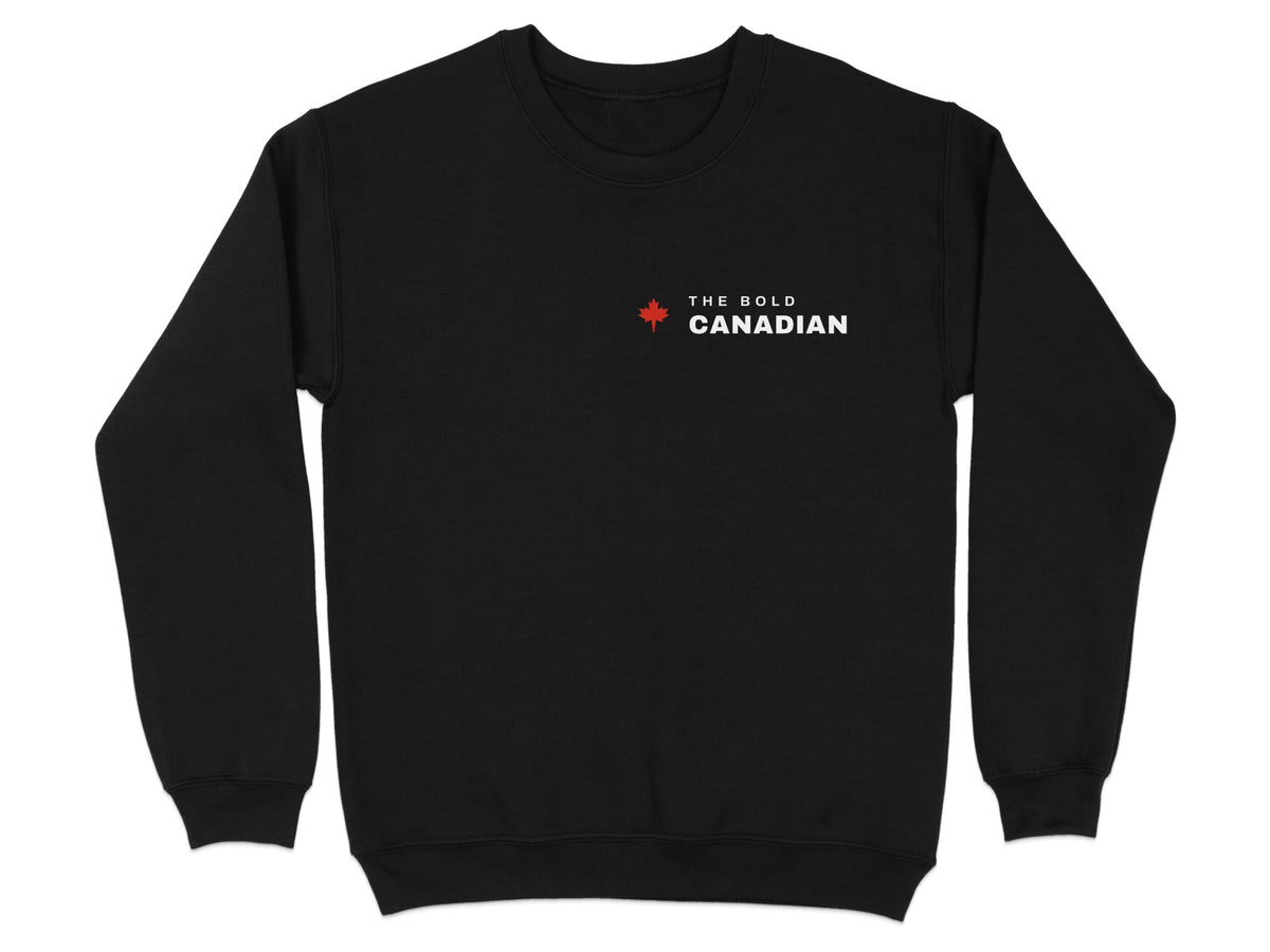 Black sweatshirt with "The Bold Canadian" and a maple leaf logo.