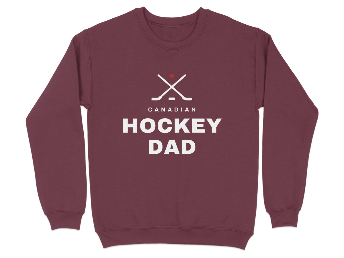 Maroon sweatshirt with white "Canadian Hockey Dad" text and crossed hockey sticks graphic.