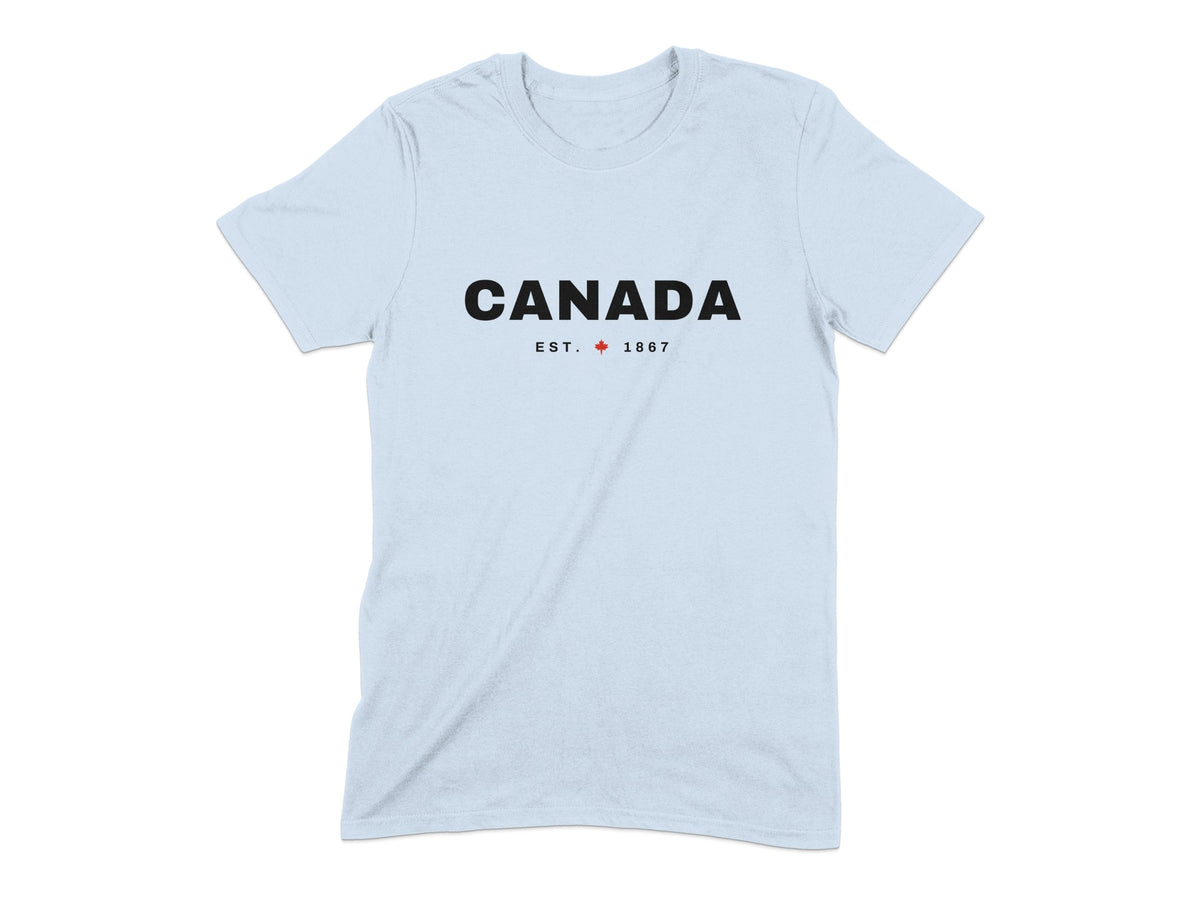 Light blue t-shirt with "CANADA EST. 1867" and a red maple leaf.