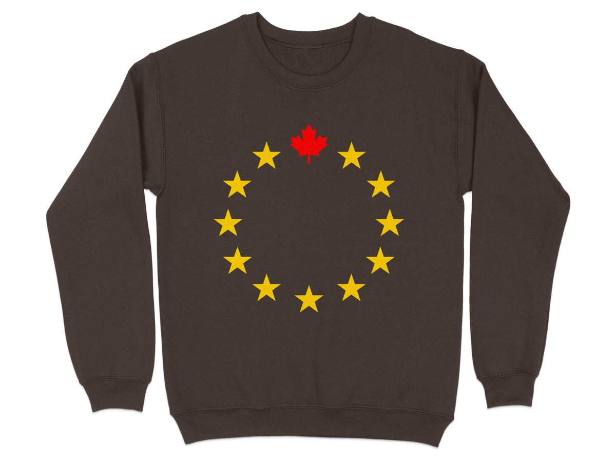 Brown sweatshirt with a circle of yellow stars and a red maple leaf.