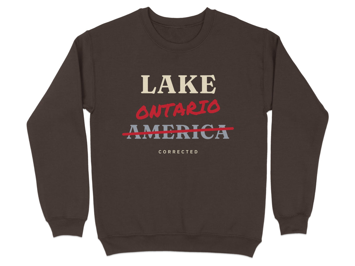 Brown sweatshirt with "Lake Ontario America Corrected" text.