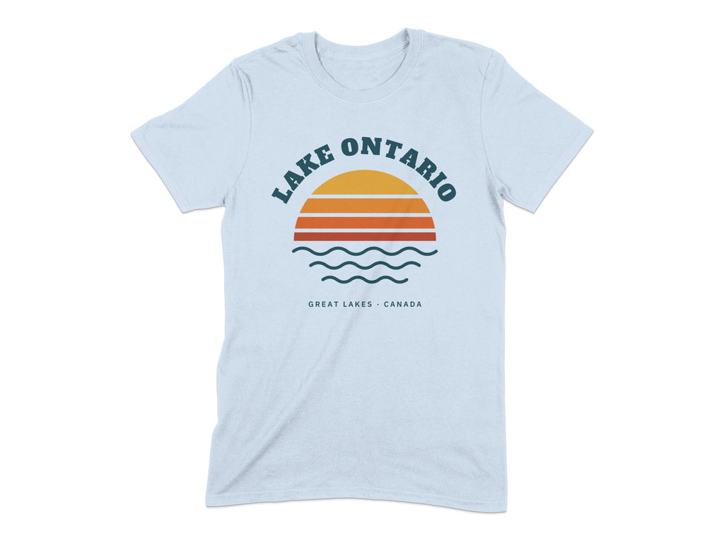 Light blue t-shirt with "Lake Ontario" text, sunset, and waves graphic.