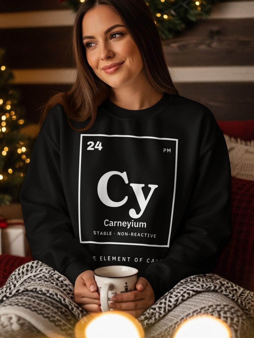 Black sweatshirt with "Carneyium" element symbol and description.